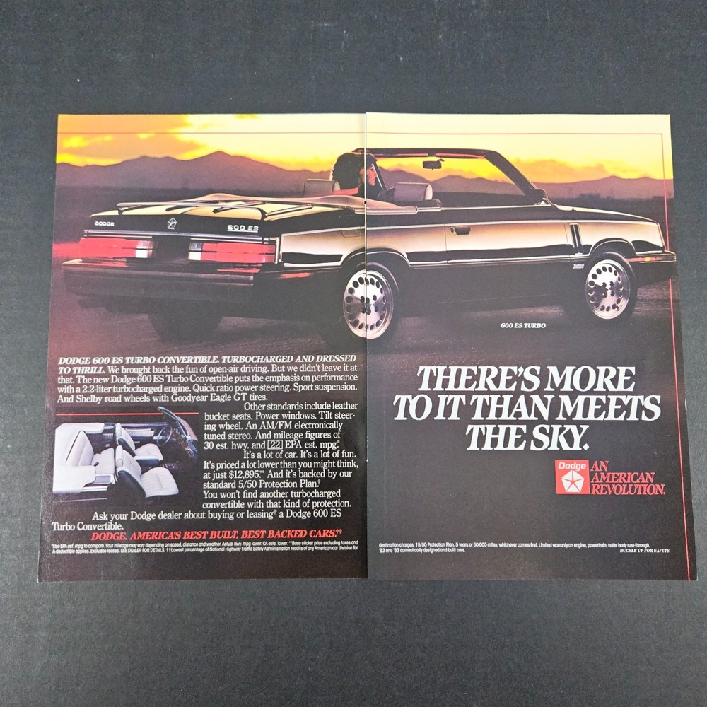 1984 Dodge 600ES Turbo Convertible Car Auto Vintage Print Ad Mancave Garage Shop